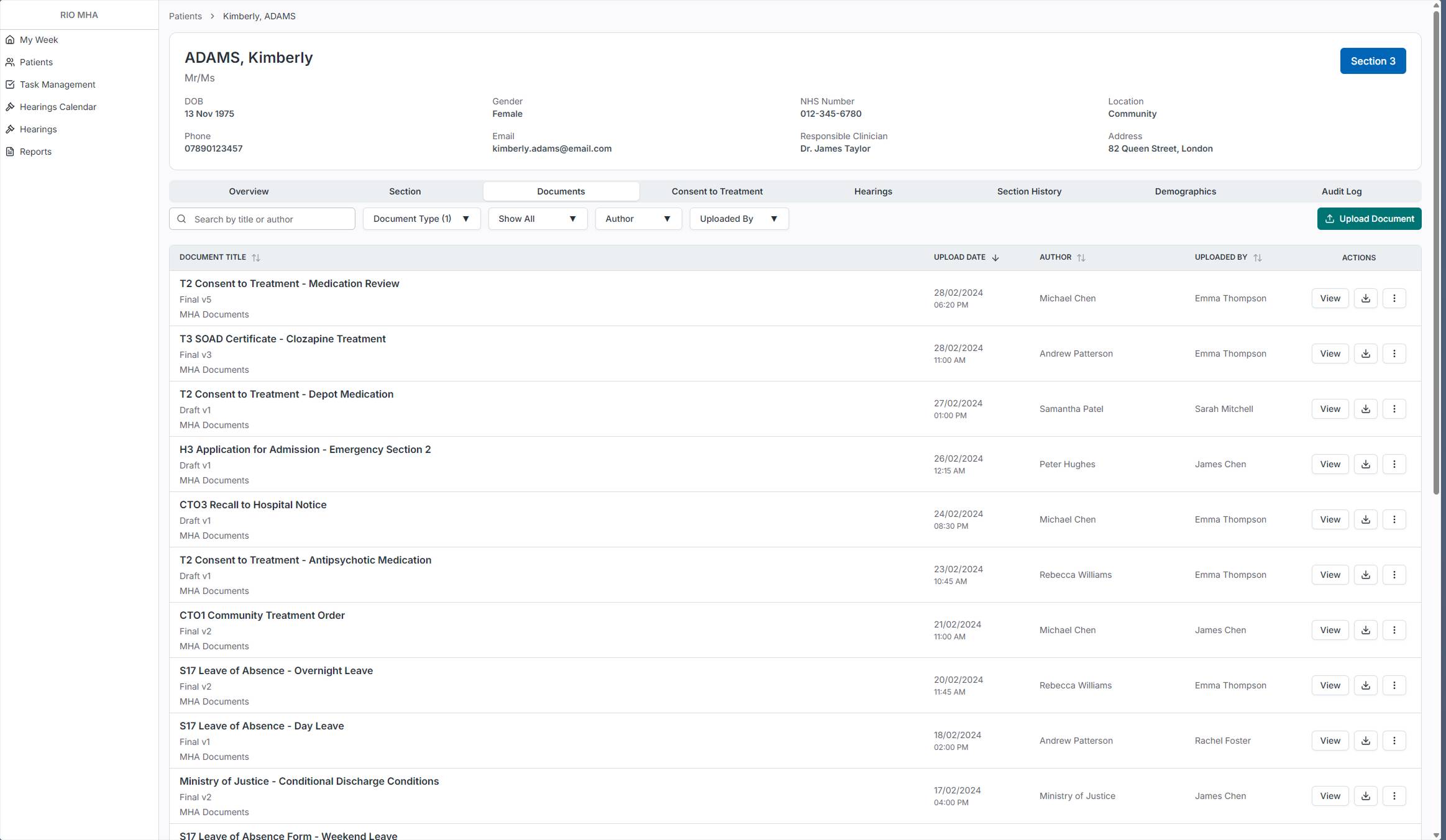 Documents tab showing MHA-related documents with filters and search